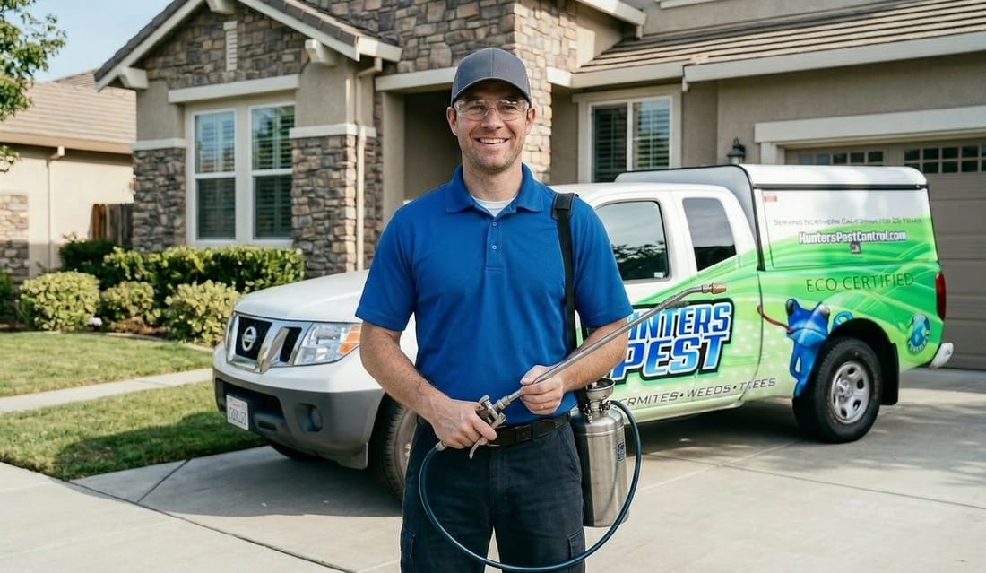 Hunters Services pest control technician with an eco-friendly sprayer in front of a branded Hunters Pest Control truck in Northern California