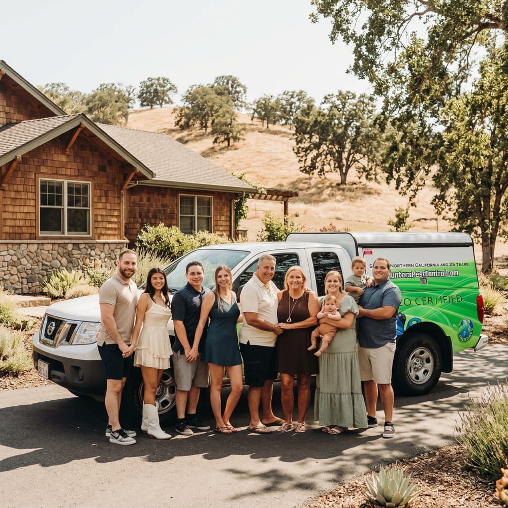 The family-owned Hunters Services team in front of a branded Hunters Pest Control truck in Northern California