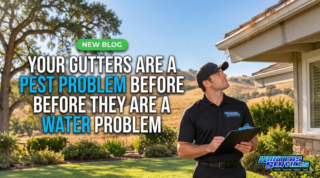 Hunters Services technician looking up at a debris-filled gutter on a Northern California home while taking notes on a clipboard.