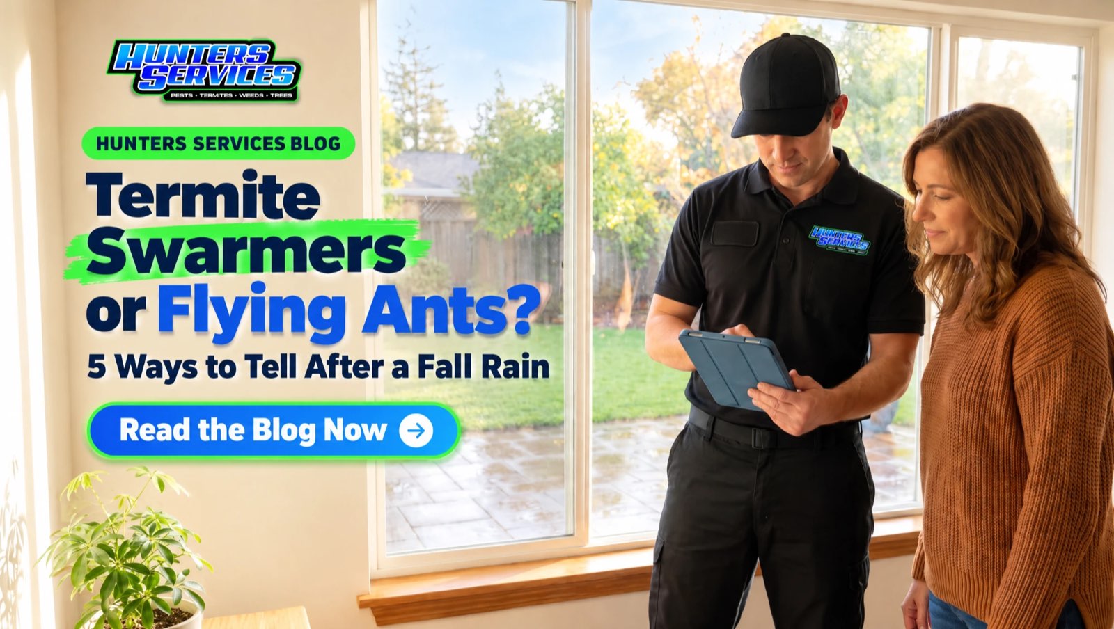 A Hunters Services technician in a black polo talks with a homeowner beside a sunny window after a fall rain in a Northern California home.