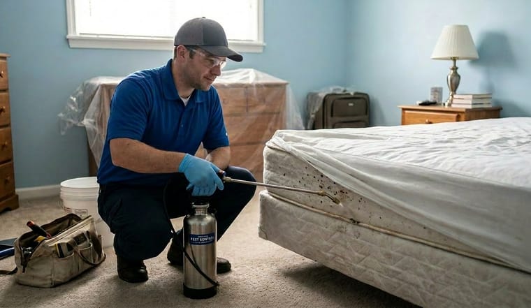 Pest control technician treating a mattress for bed bugs in Northern California
