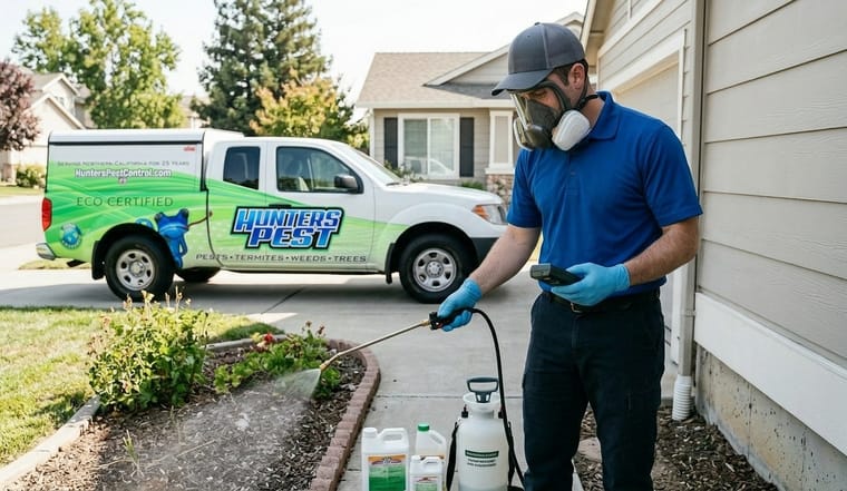 Hunters Pest Control technician applying eco-friendly pest control around a Northern California home, with the branded Hunters Services truck