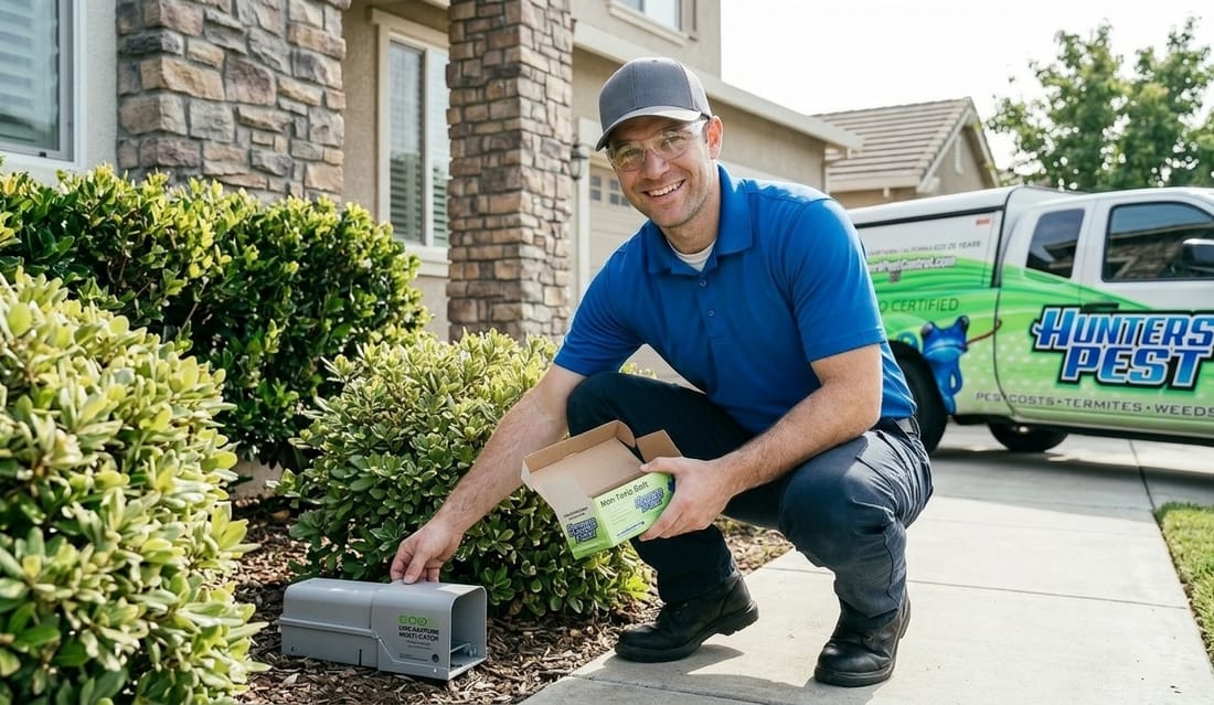 Hunters Services technician placing an eco-friendly rodent control station outside a Northern California home, with the branded company truck